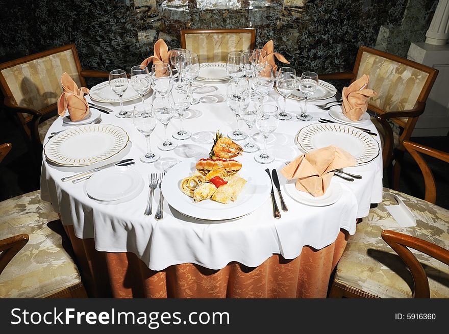 Luxurious restaurant table with seafood dish