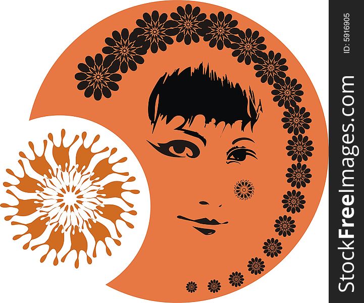 Beautiful face of the girl on an orange background from flowers. Beautiful face of the girl on an orange background from flowers