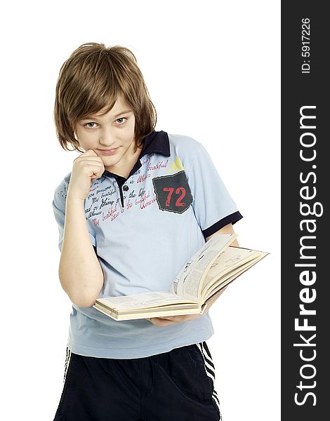 Young boy with book on white background. Young boy with book on white background