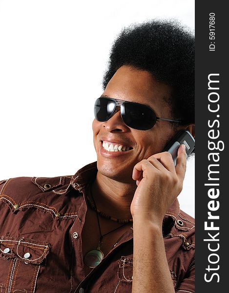 Happy man using cell phone