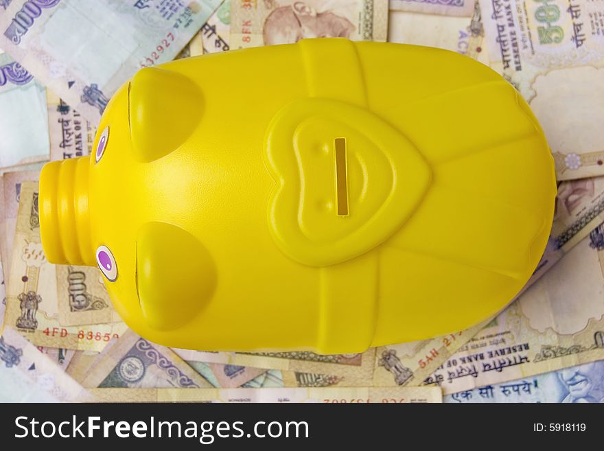 Studio Shoot Of Piggy Bank With Indian Money