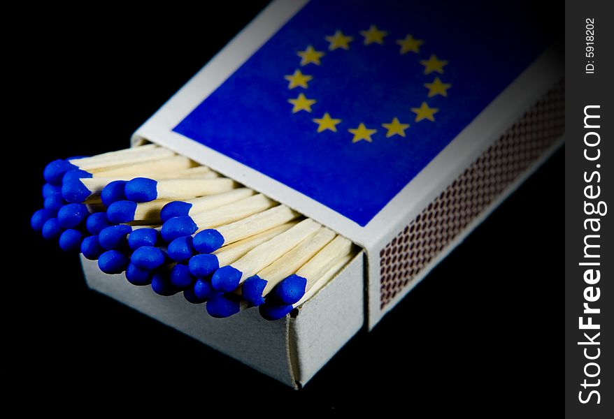 A traditional matchbox with the EU flag on it.