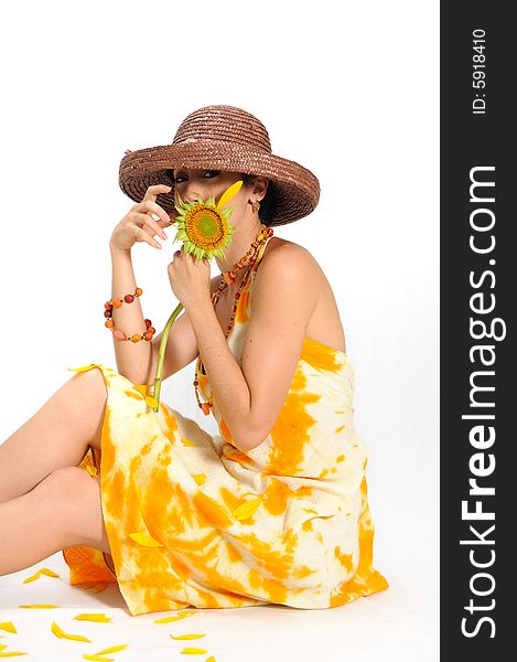 Portrait of fresh female holding sunflower with last petal - isolated. Portrait of fresh female holding sunflower with last petal - isolated