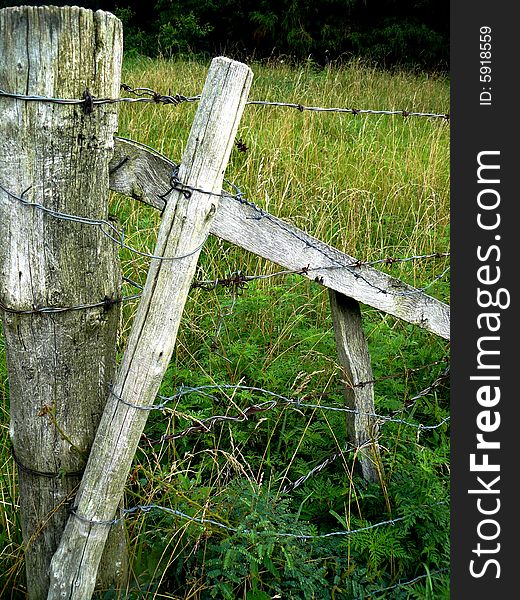 A weathered gray-wood farm fence wrapped with barbed wire. A weathered gray-wood farm fence wrapped with barbed wire