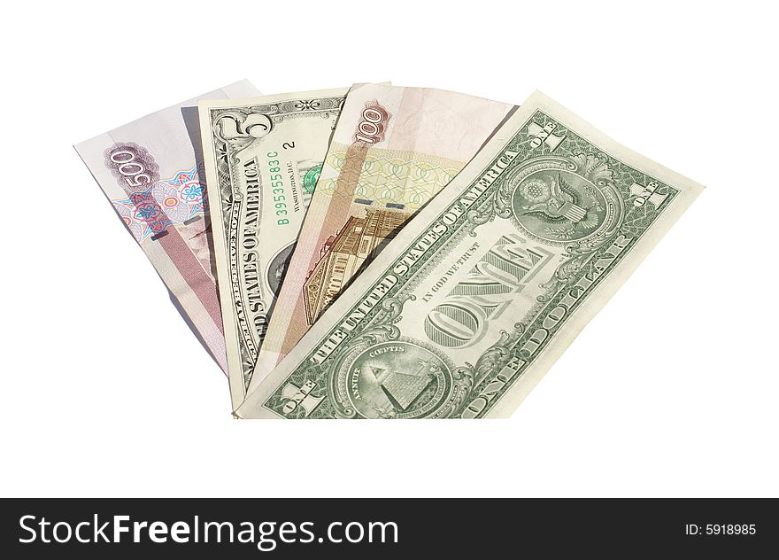 Russian and American currency on a white background. Russian and American currency on a white background