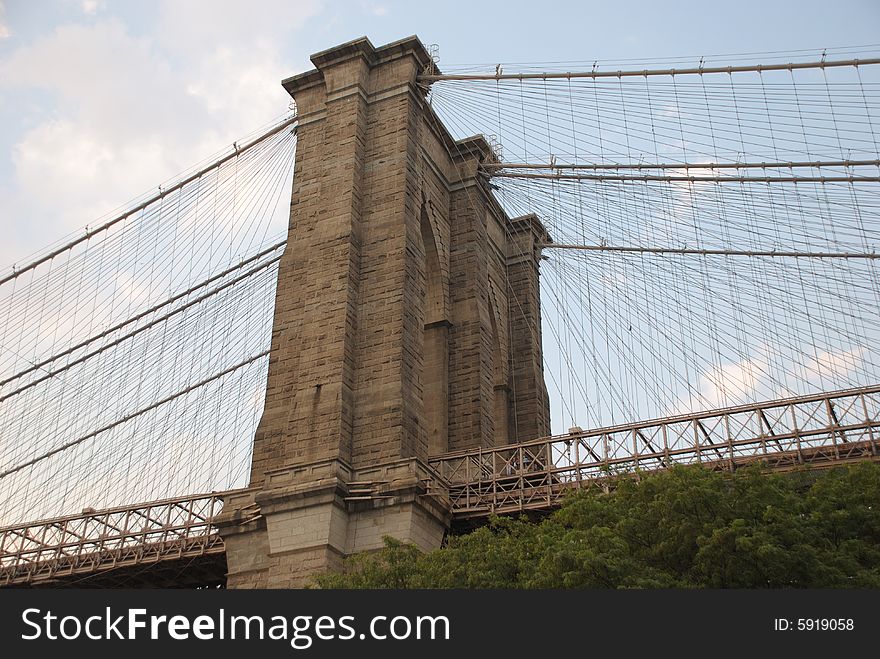 This is a shot of a support and cables on the Brooklyn bridge. This shot was taken on the Brooklyn side.