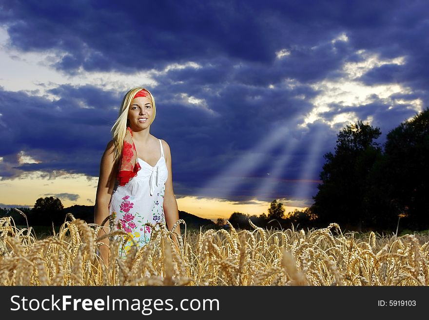 Girl standing in a wheat field against a cloudy sky. Girl standing in a wheat field against a cloudy sky.