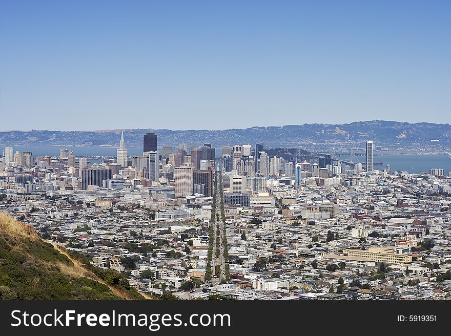 A shot of downtown San Francisco along Market Street taken from the top of Twin Peaks. A shot of downtown San Francisco along Market Street taken from the top of Twin Peaks