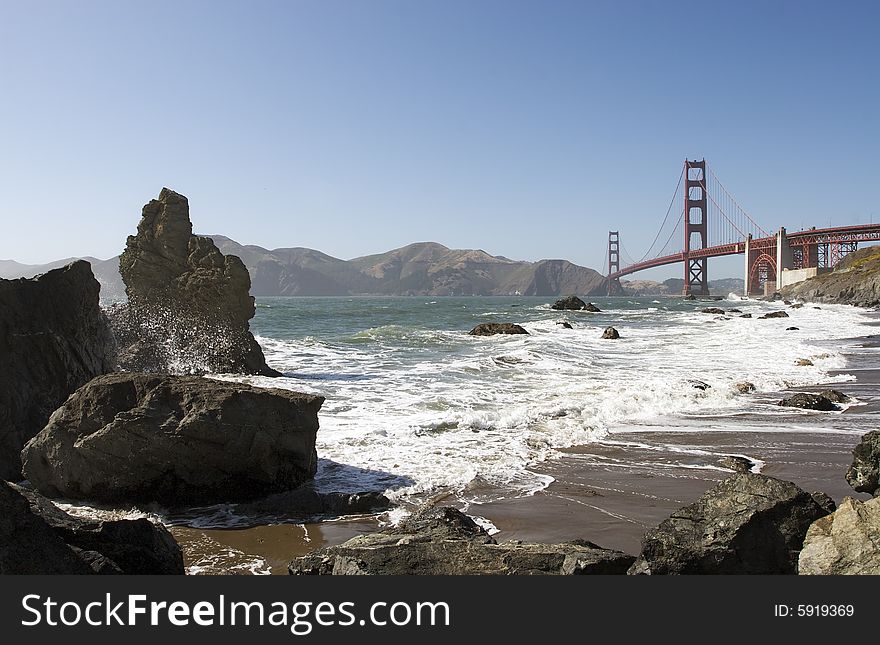 A shot of the Golden Gate Bridge taken from the Baker Beach. A shot of the Golden Gate Bridge taken from the Baker Beach.