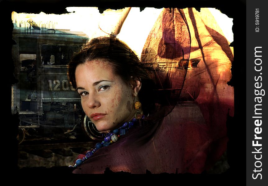Aged Portrait of woman and vintage locomotive with grunge borders. Aged Portrait of woman and vintage locomotive with grunge borders