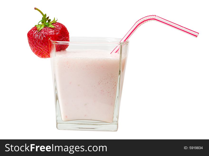 Close-up fresh strawberry milkshake, isolated on white