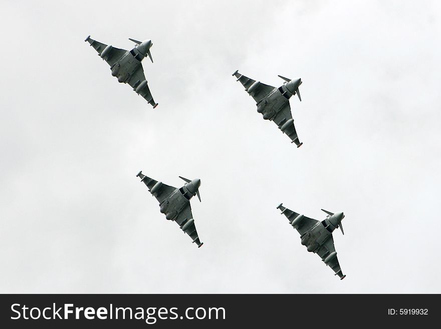 Four RAF Eurofighters in close formation at RIAT 2008. Four RAF Eurofighters in close formation at RIAT 2008