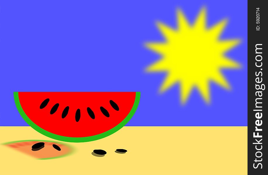 A slice of watermelon with big shiny sun in the background and blue sky. Copy space. A slice of watermelon with big shiny sun in the background and blue sky. Copy space.