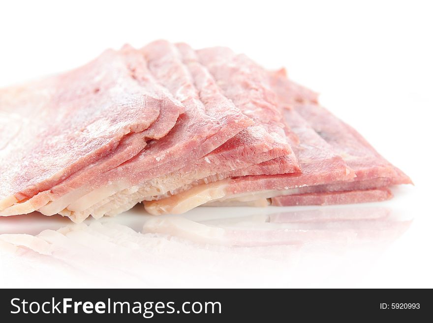 Photograph of beef bacon in white background