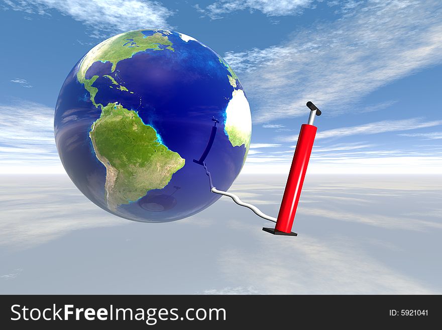 Earth in sky with air pump for inflation. Earth in sky with air pump for inflation