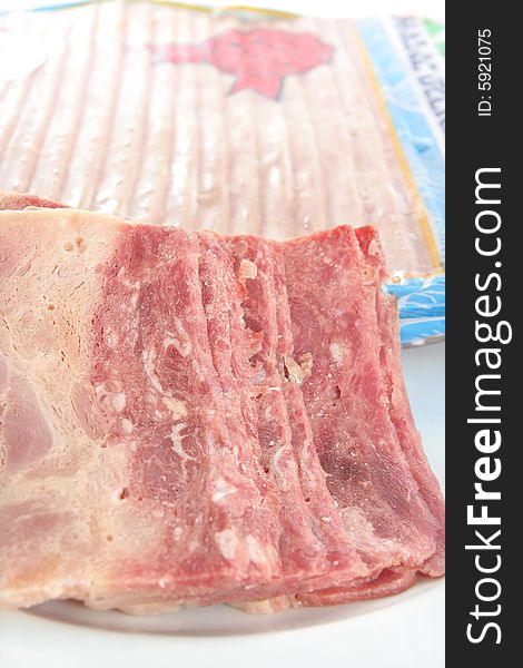 Meat processed beef bacon in white background. Meat processed beef bacon in white background