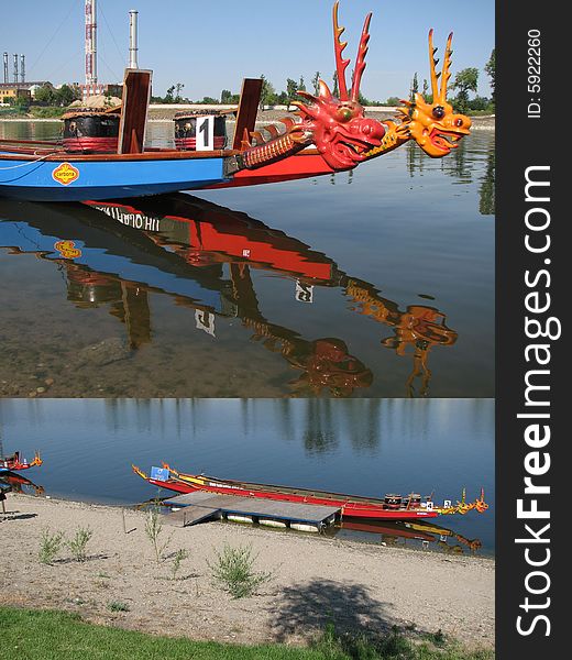 Two dragon boats on the river
