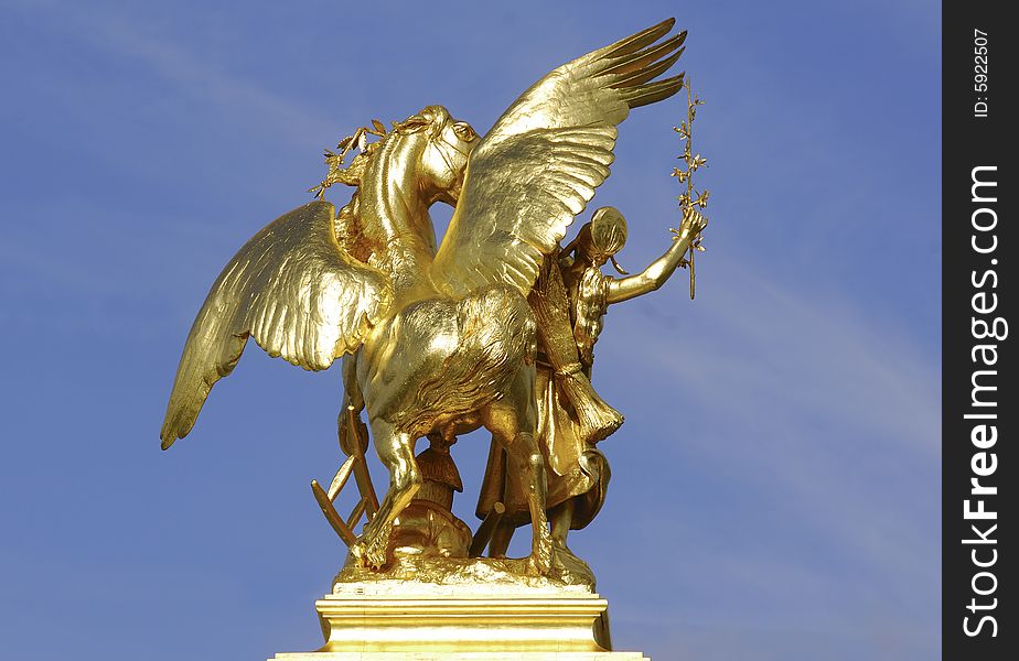 France; paris ; bronze and golden leaf statue representing a wing horse and his rider at the bridge Alexandre third. France; paris ; bronze and golden leaf statue representing a wing horse and his rider at the bridge Alexandre third