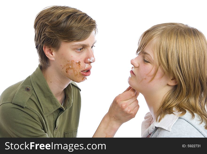 Young couple with ice-cream isolated on a white background