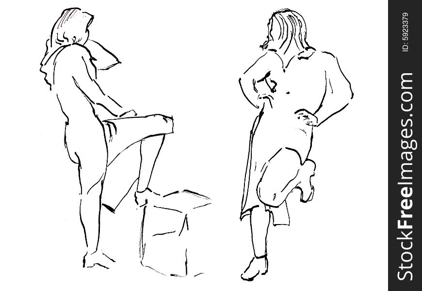 Two ink sketches of standing girl. Two ink sketches of standing girl