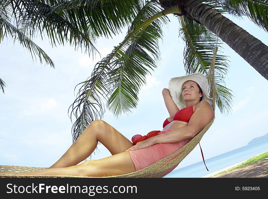 View of nice woman lounging in hammock in tropical environment. View of nice woman lounging in hammock in tropical environment