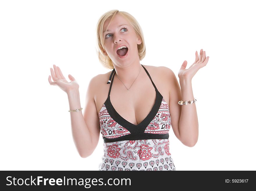 Young nice woman with the surprised sight isolated on a white background
