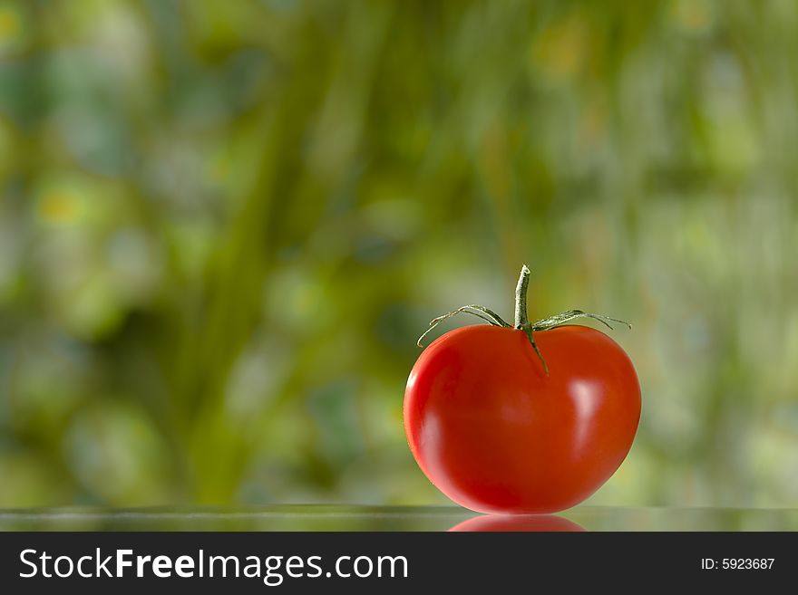 Close up view of nice red fresh tomato on green  back