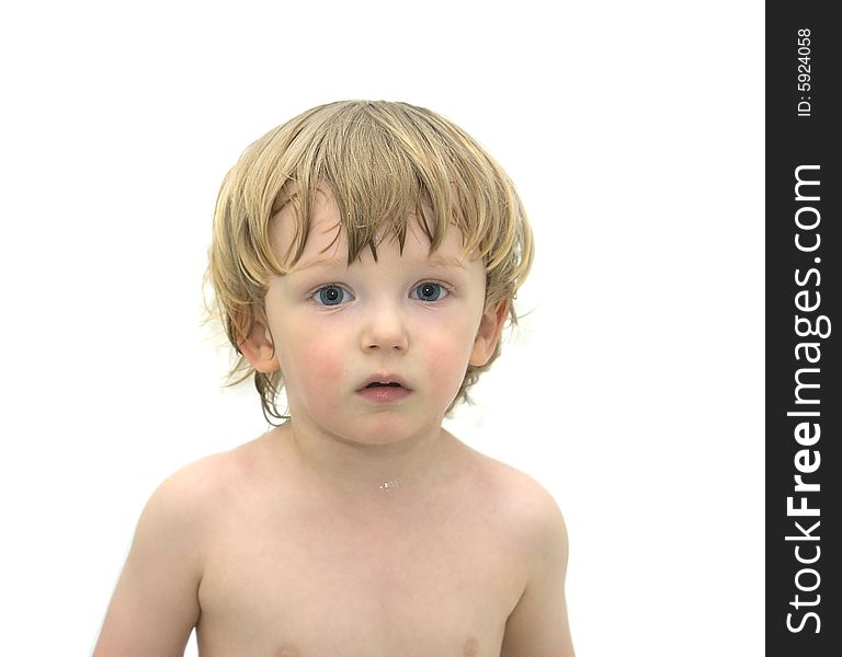 Thinking boy in on white background. In bath.