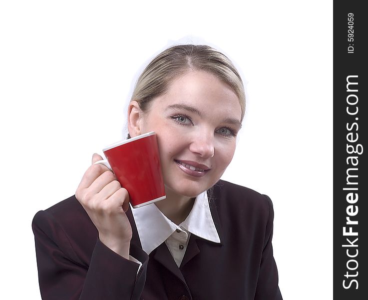 Portrait of the business woman with a cup. Isolated on white.