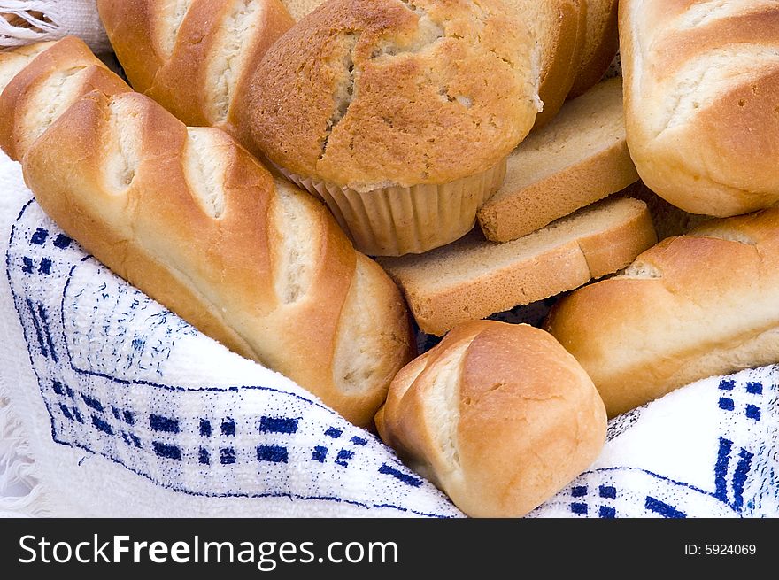 Bread assortment in a basket. Close-up.