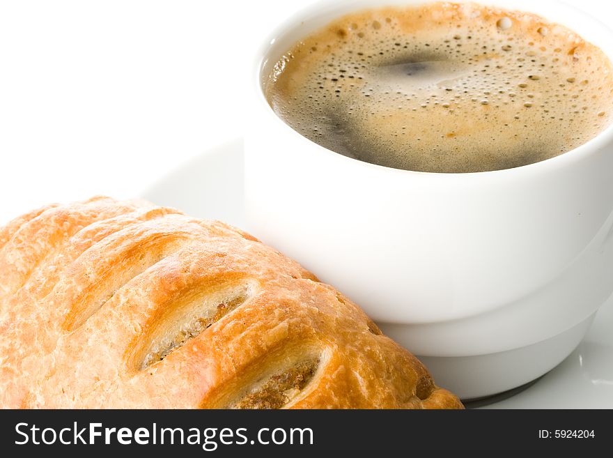 Appetizing pie and cup of coffee on a white background