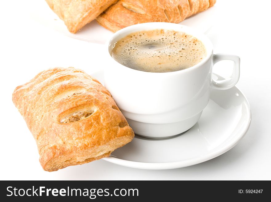 Appetizing pie and cup of coffee on a white background