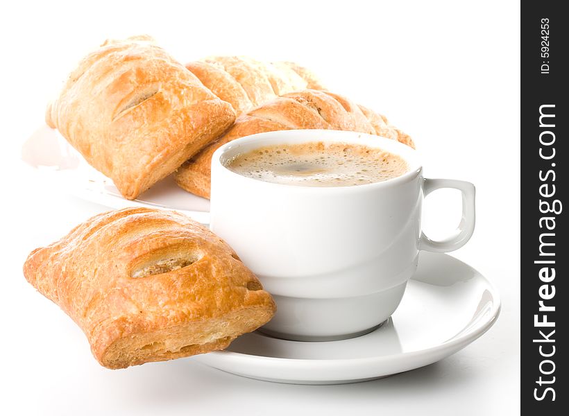 Appetizing pie and cup of coffee on a white background