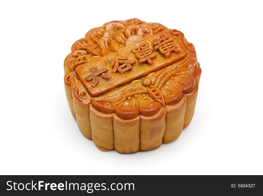 Close up of a mooncake over white background.