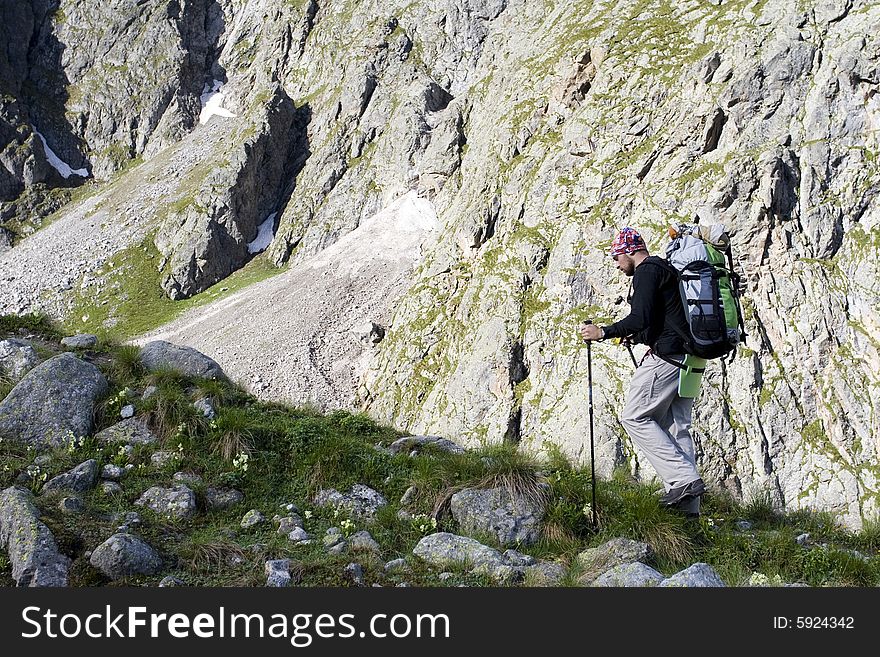 Hikers in mountains,  Caucasus mountains