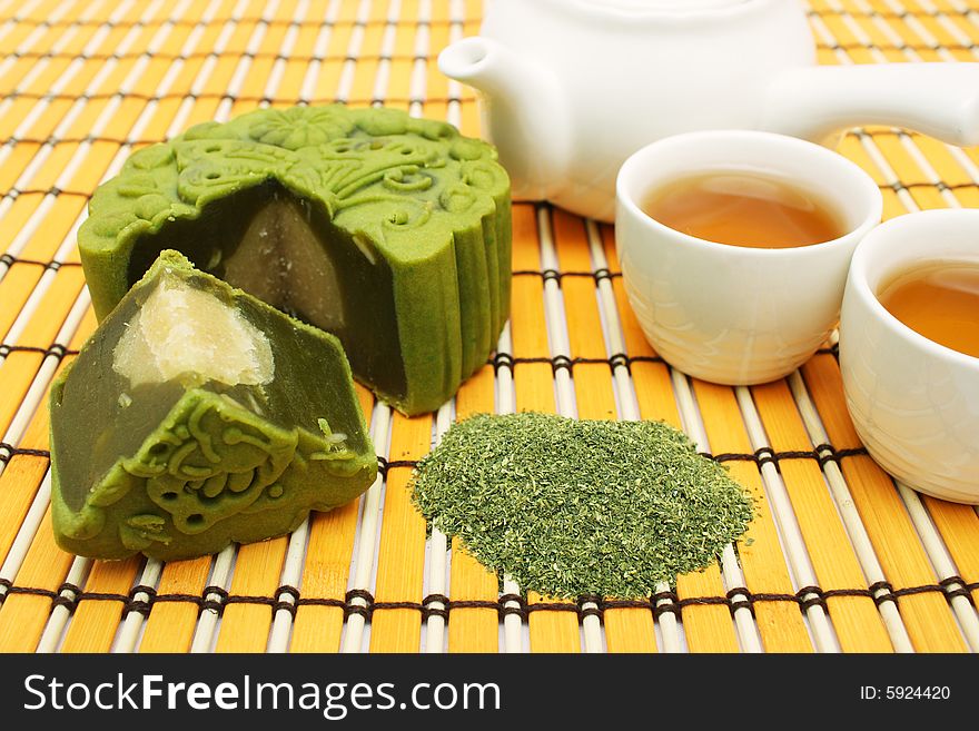 Greentea Mooncake With Teacup And Teapot