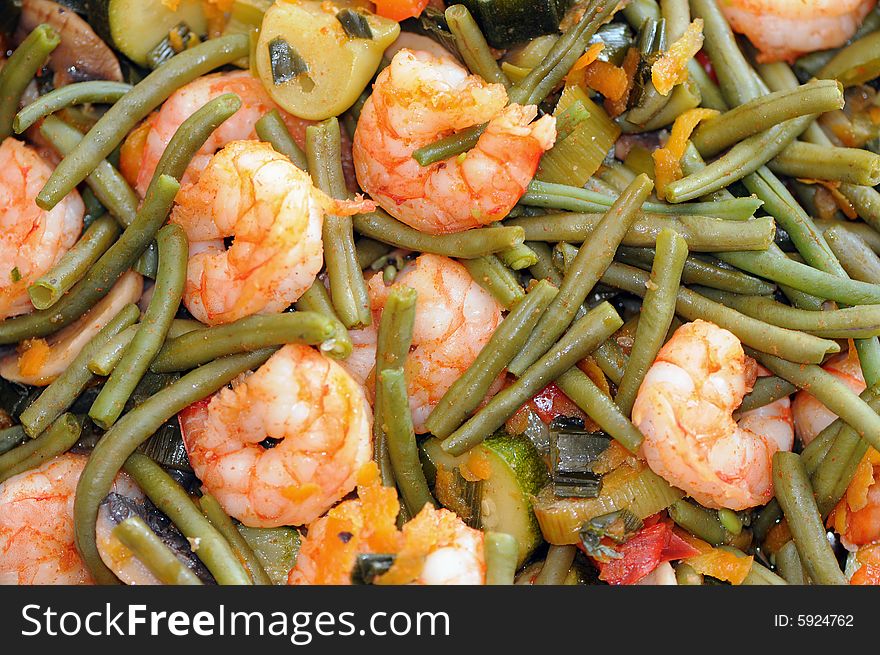 Close up of cooked shrimps with vegetables. Close up of cooked shrimps with vegetables