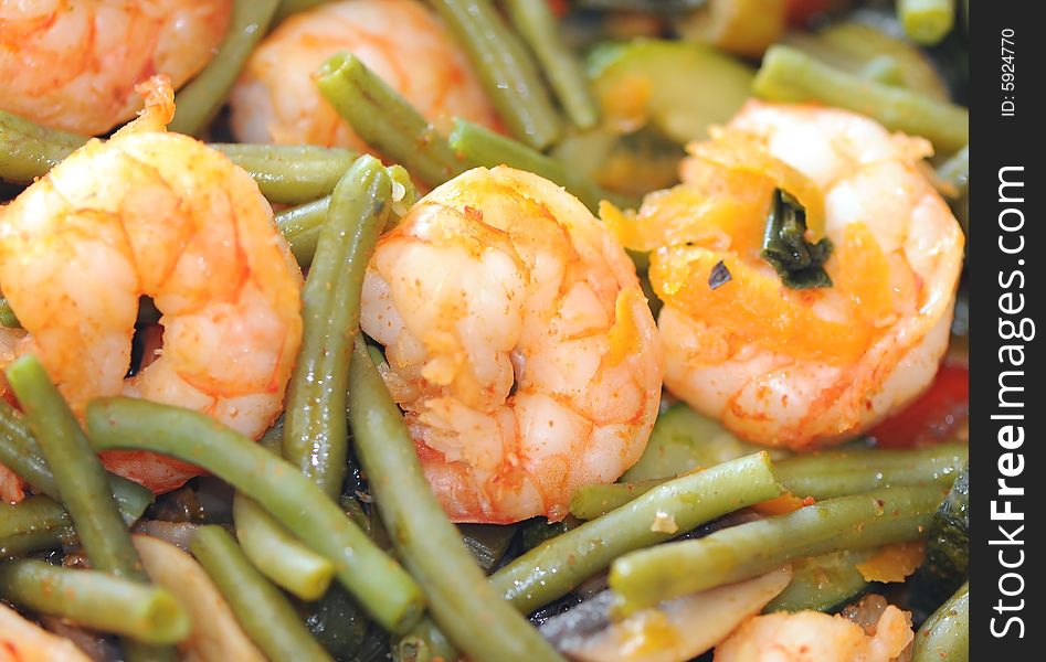Close up of cooked shrimps with vegetables. Close up of cooked shrimps with vegetables