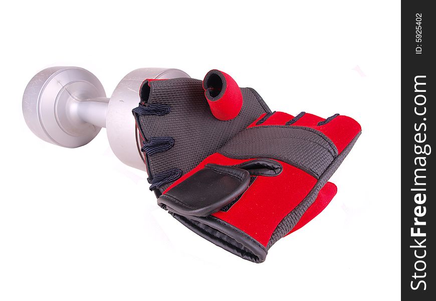 Dumbbell & a pair of red gloves composition. Dumbbell & a pair of red gloves composition