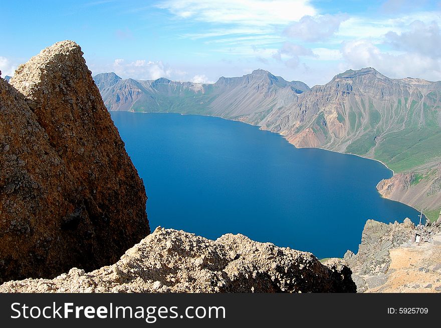 Beautiful mountain lake in a sunny day, shot at heaven pool in Chang Bai mountain, Jilin province, China.