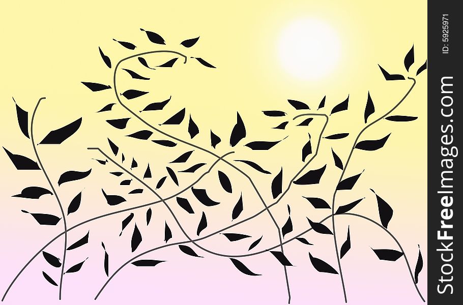 Branches of leaves at the light of sunrise. Digital painting. Coloured picture. Branches of leaves at the light of sunrise. Digital painting. Coloured picture.