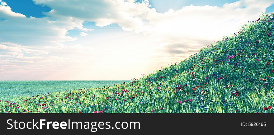 Wheat field with flowers. 3d image