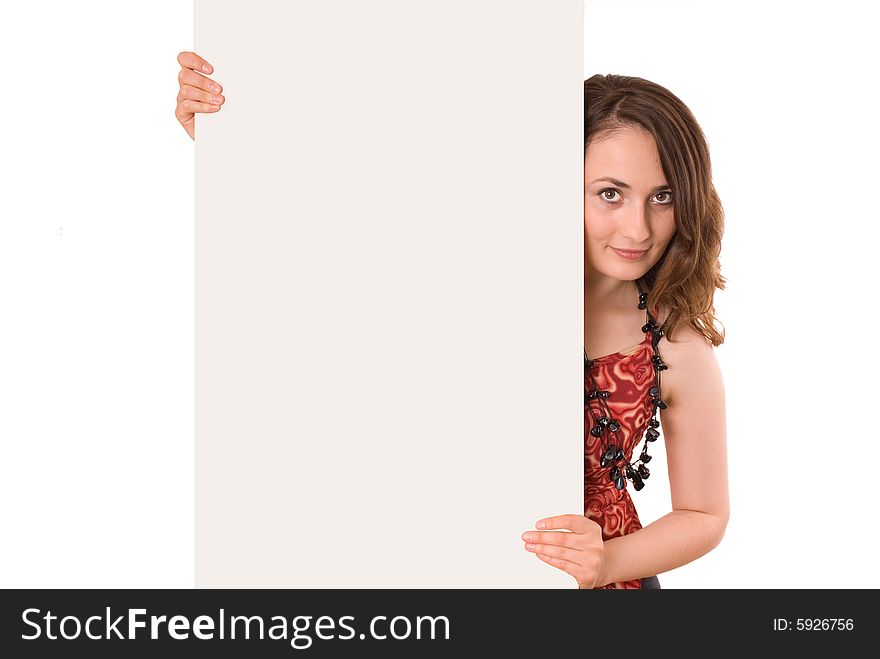 Beautiful woman holding empty gray board