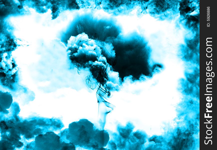 Abstract blue clouds with white bright middle and dark smoke in center