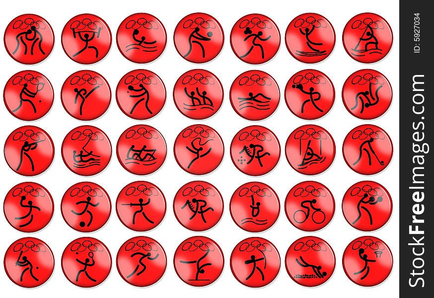 All summer olimpic sports red buttons with silhouette signs and rings. All summer olimpic sports red buttons with silhouette signs and rings