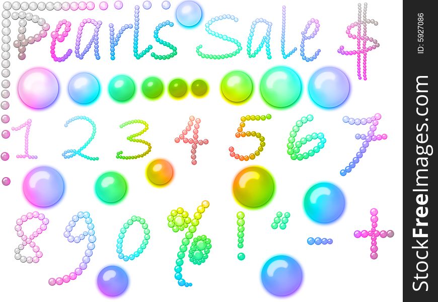 Natural graceful rainbow colored pearls set with word sales all figures and signs isolated on white. Natural graceful rainbow colored pearls set with word sales all figures and signs isolated on white