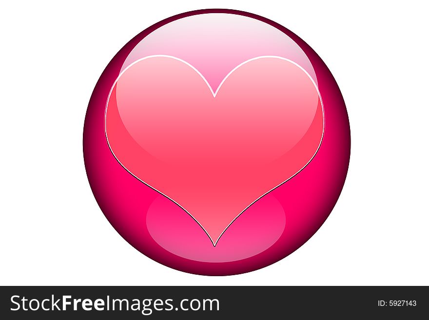 An illustration of a heart in a pink glassy orb and isolated on a white background