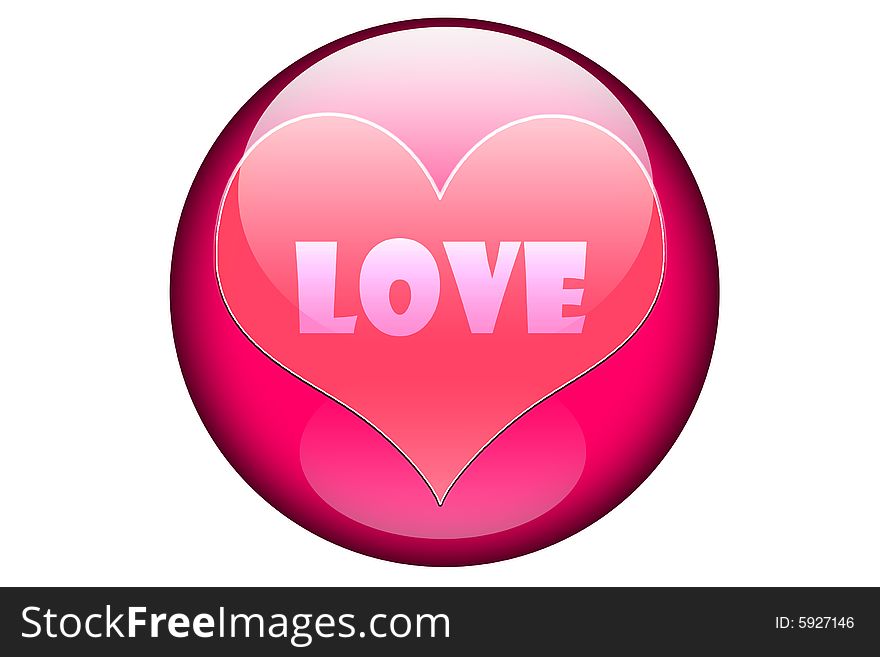 An illustration of the word love in a pink glassy orb and isolated on a white background