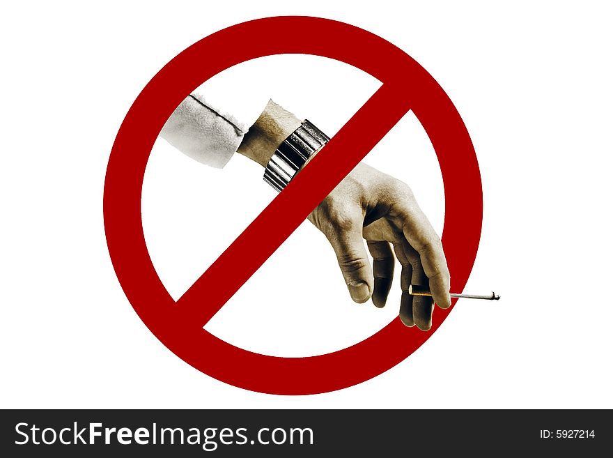 A cigarette in a very pale hand with the interdiction sign.Isolated on a white background. A cigarette in a very pale hand with the interdiction sign.Isolated on a white background