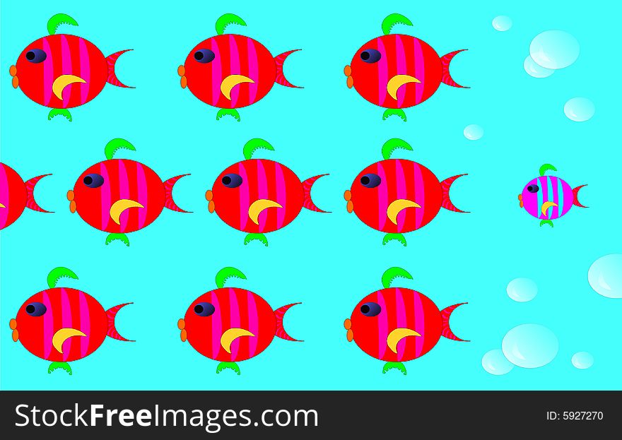 Small purple fish following group of bigger red fish